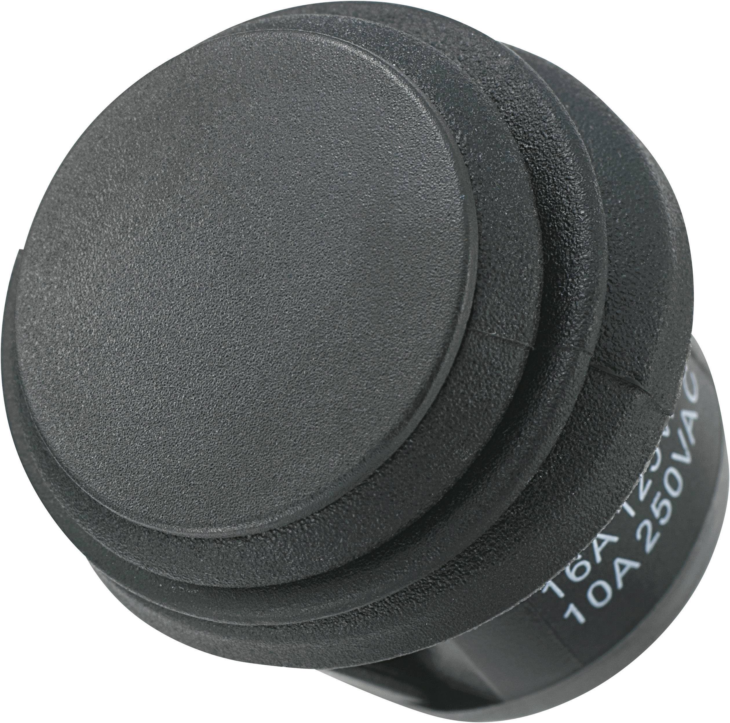 Bouton-poussoir noir et rond pour appareils électriques, adapté pour 16A à 125VAC ou 10A à 250VAC.