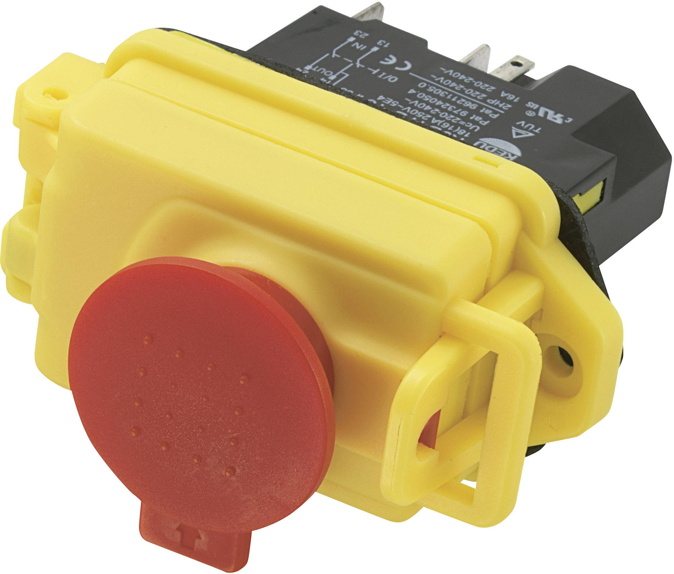 Un bouton d'arrêt d'urgence jaune avec un bouton-poussoir rouge en forme de champignon, souvent utilisé sur les machines pour interrompre rapidement le fonctionnement en cas d'urgence.