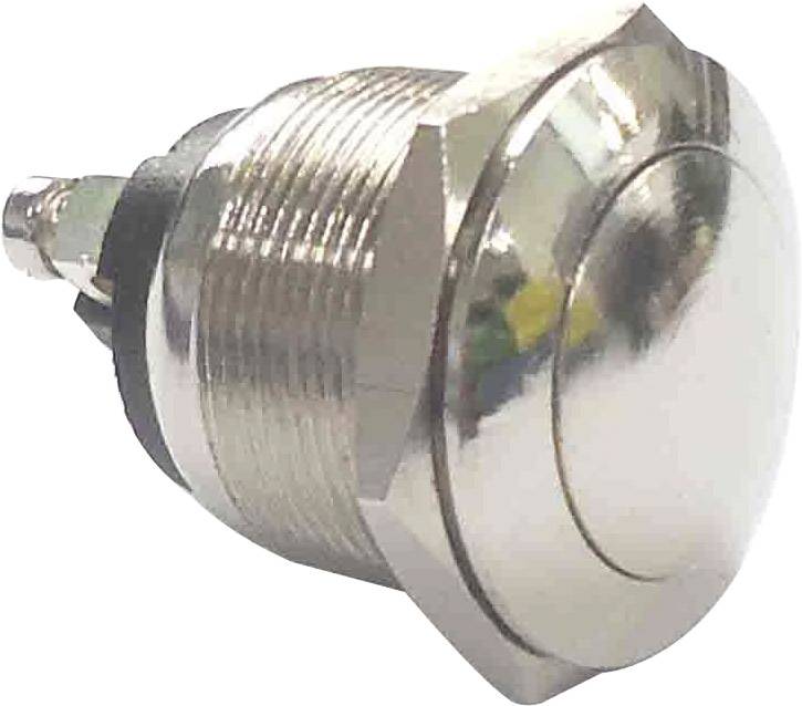 Bouton-poussoir métallique en vue latérale. Le bouton est de forme cylindrique avec une zone de pression circulaire au centre.