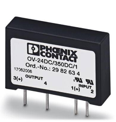 Un composant électronique rectangulaire portant l'inscription 'Phoenix Contact OV-24DC/350DC/1'. Quatre broches métalliques pour la connexion.