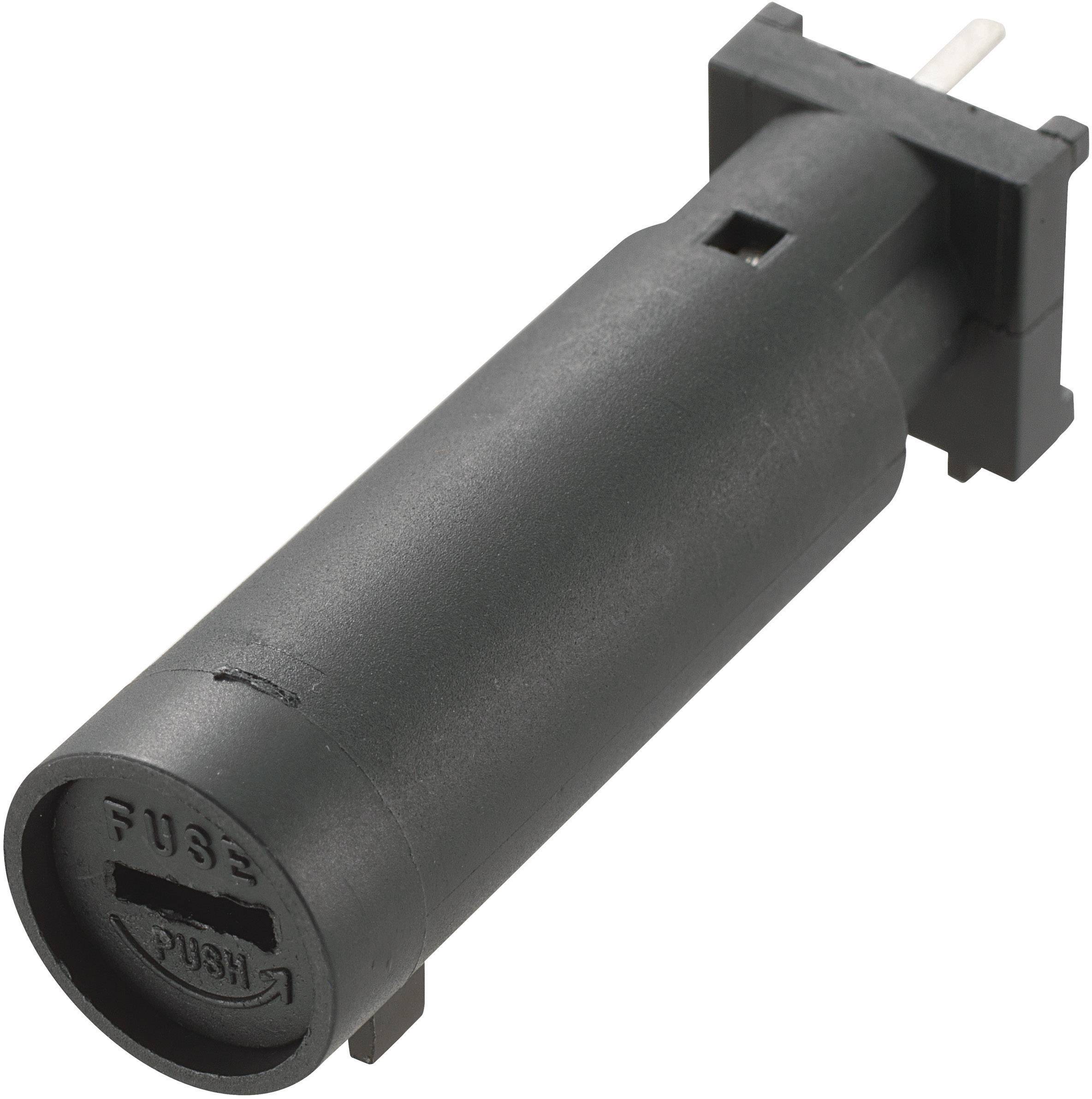 Support de fusible en plastique noir avec boîtier rond, mécanisme à poussoir et deux broches métalliques sur un côté. Adapté pour la sécurisation.
