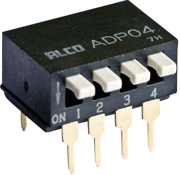 Commutateur DIP à quatre positions, étiqueté 'ON', '1', '2', '3', '4'. Utilisé pour configurer les paramètres dans les appareils électroniques.