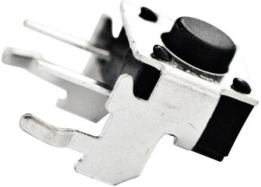 Un petit bouton poussoir argenté avec des touches noires, montrant des broches de soudure pour une fixation sur une carte de circuit imprimé.