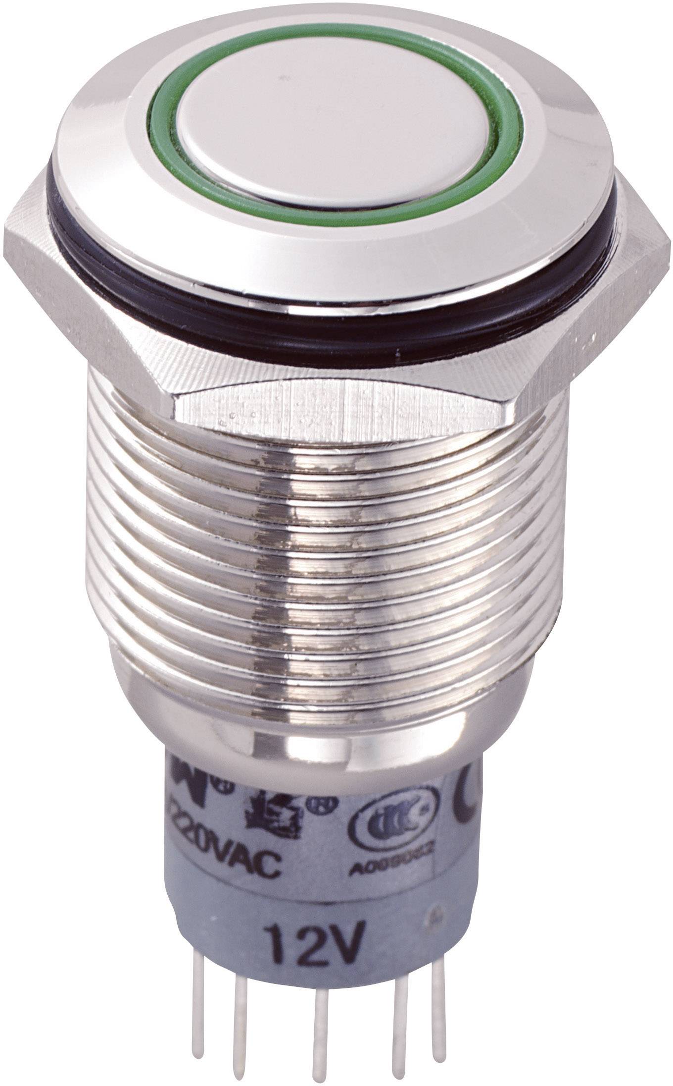 Un composant de commutateur métallique rond avec un anneau vert, des vis latérales et plusieurs broches de connexion à l'extrémité inférieure.