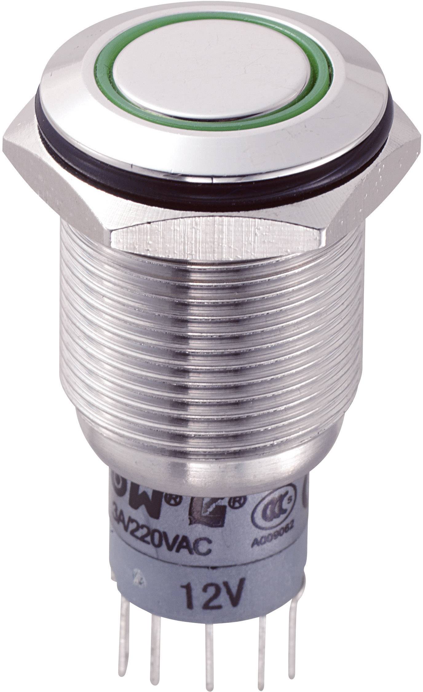 Un bouton métallique rond avec un anneau vert, adapté pour une tension de 12 V. La démonstration présente l'apparence du bouton et son design à visser.
