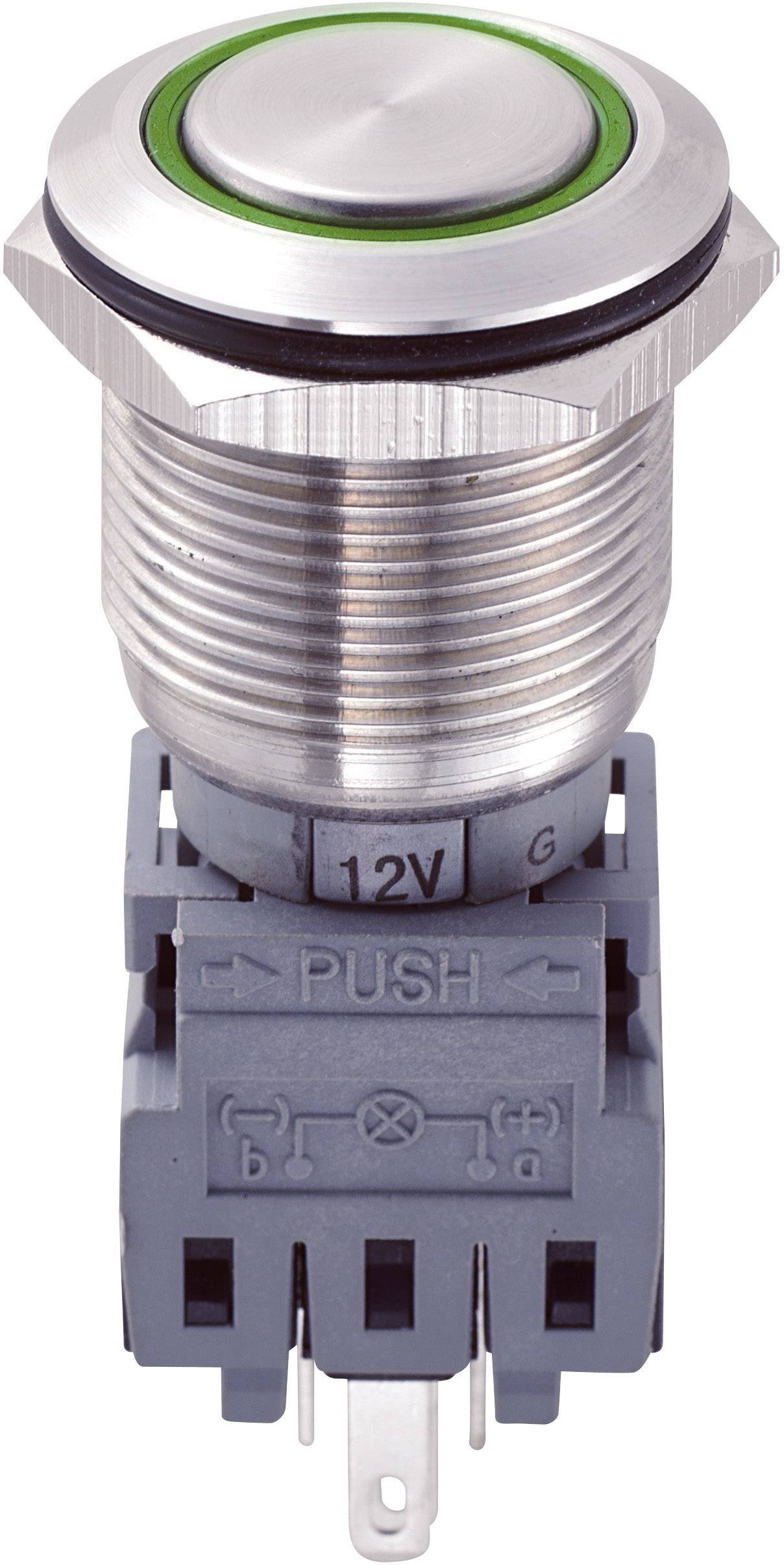 Un bouton-poussoir métallique avec un anneau vert sur une base grise. En dessous, il est inscrit 'PUSH' et '12V'.
