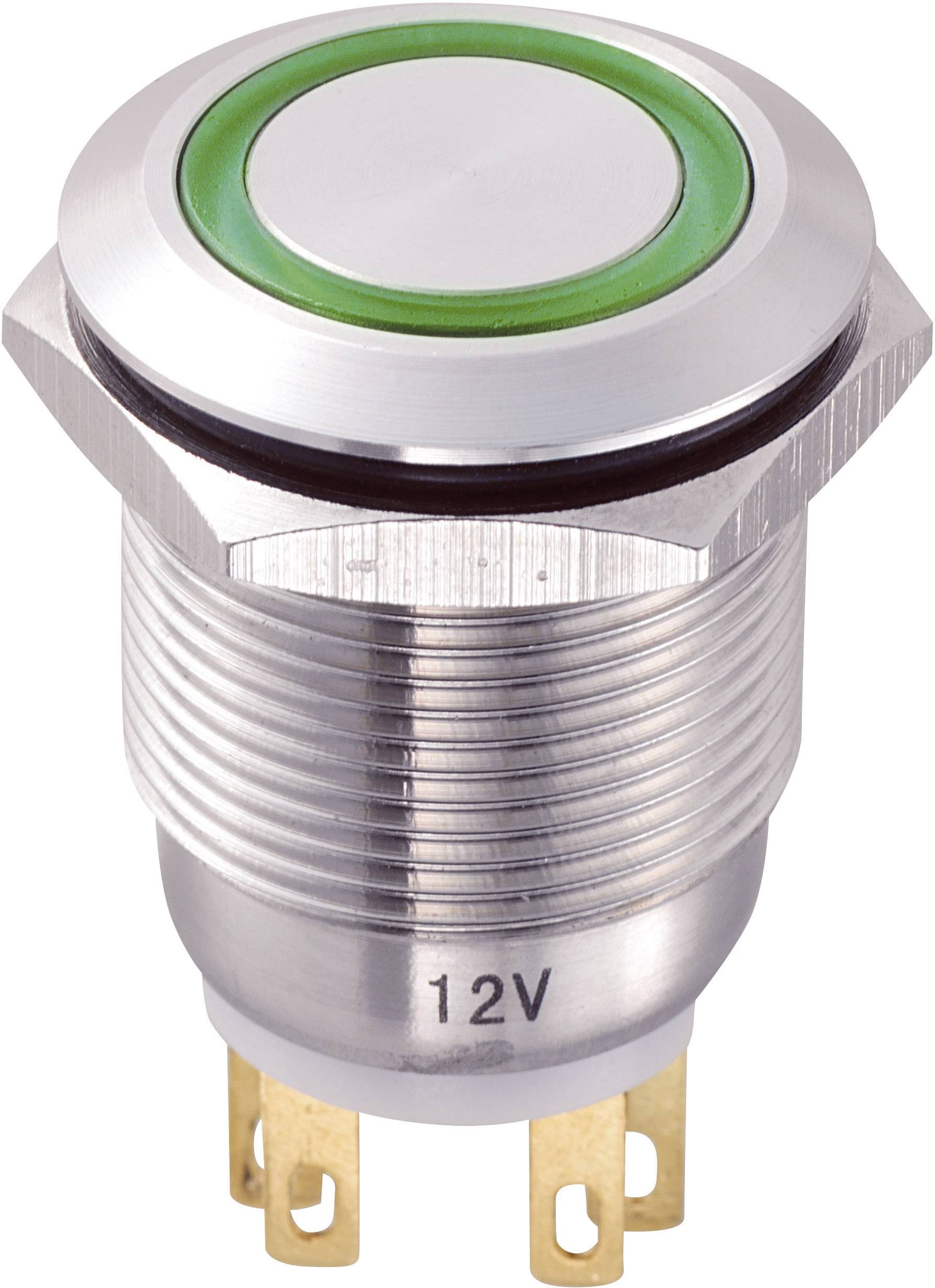 Interrupteur métallique avec bordure verte et bouton rond blanc, adapté aux systèmes 12V.