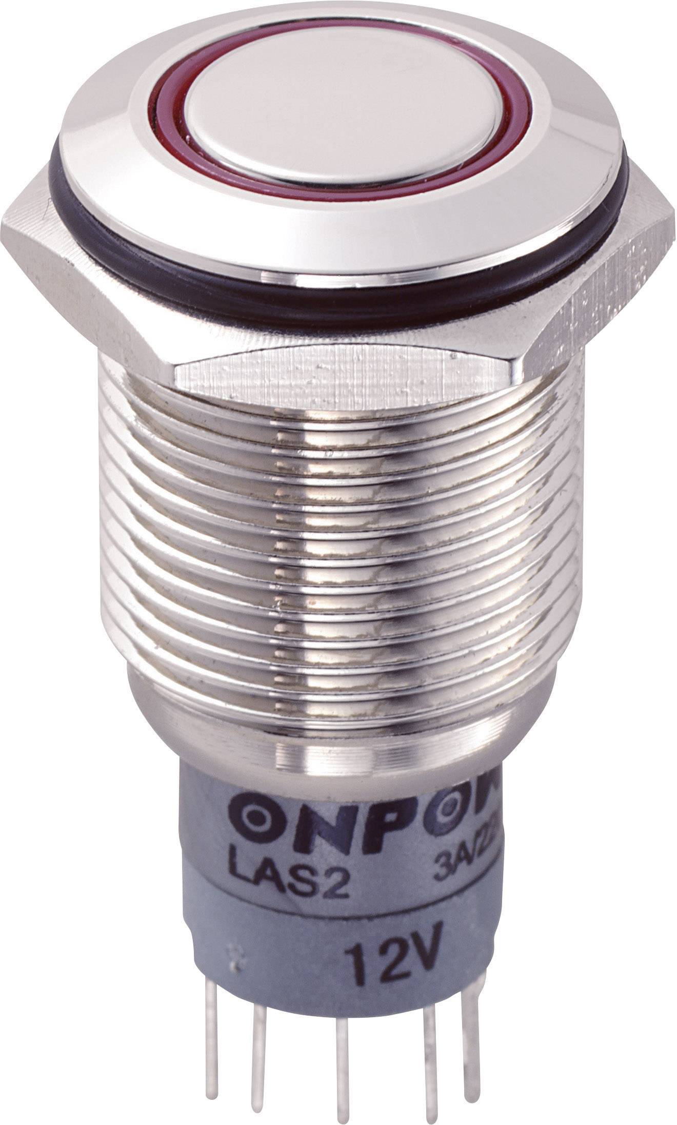 Un bouton-poussoir rond en argent avec un anneau rouge autour du bouton et plusieurs broches de connexion sur la face inférieure. Marquage '12V'.
