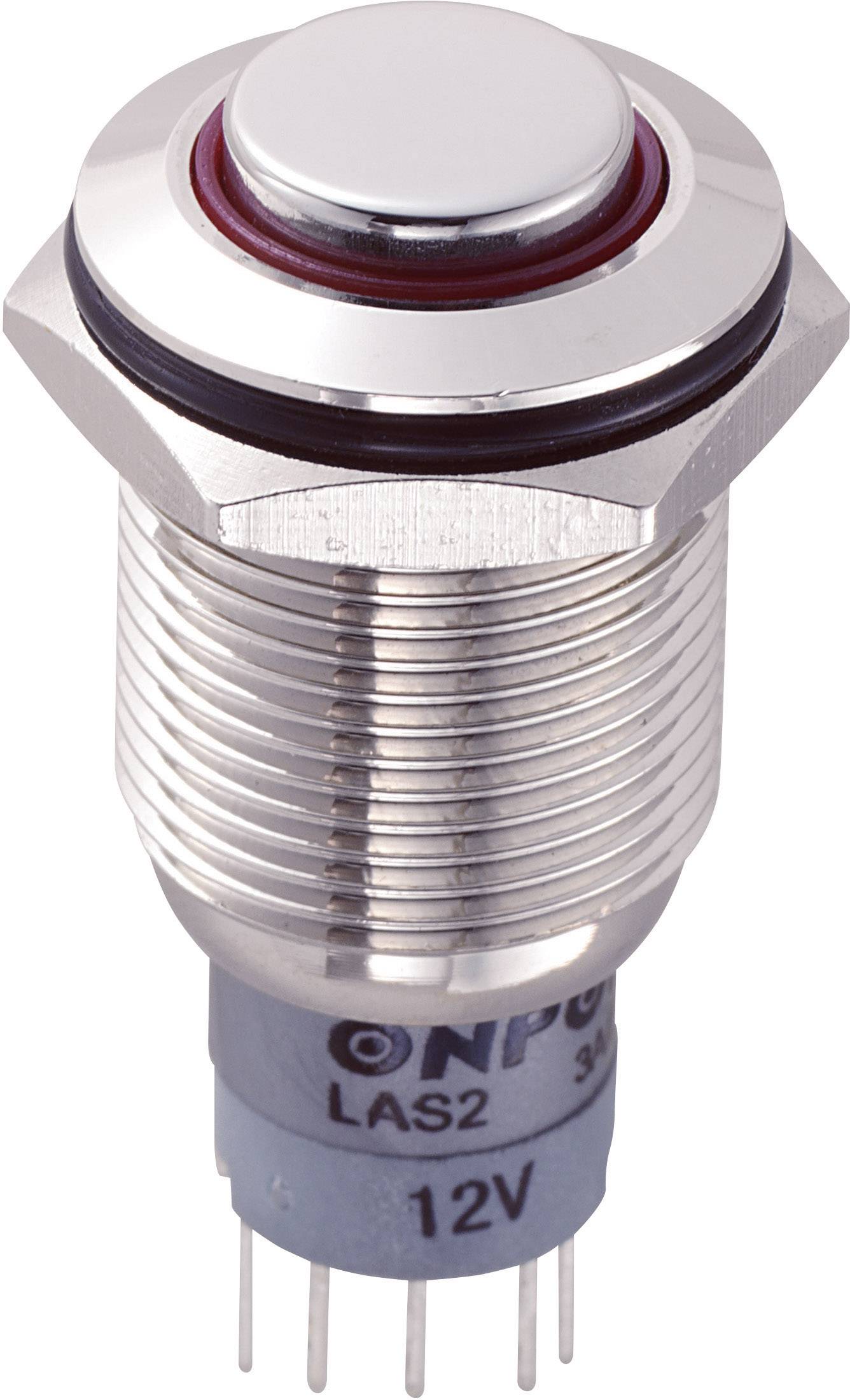Interrupteur métallique à six broches de connexion, étiqueté 12V, adapté aux applications électroniques.