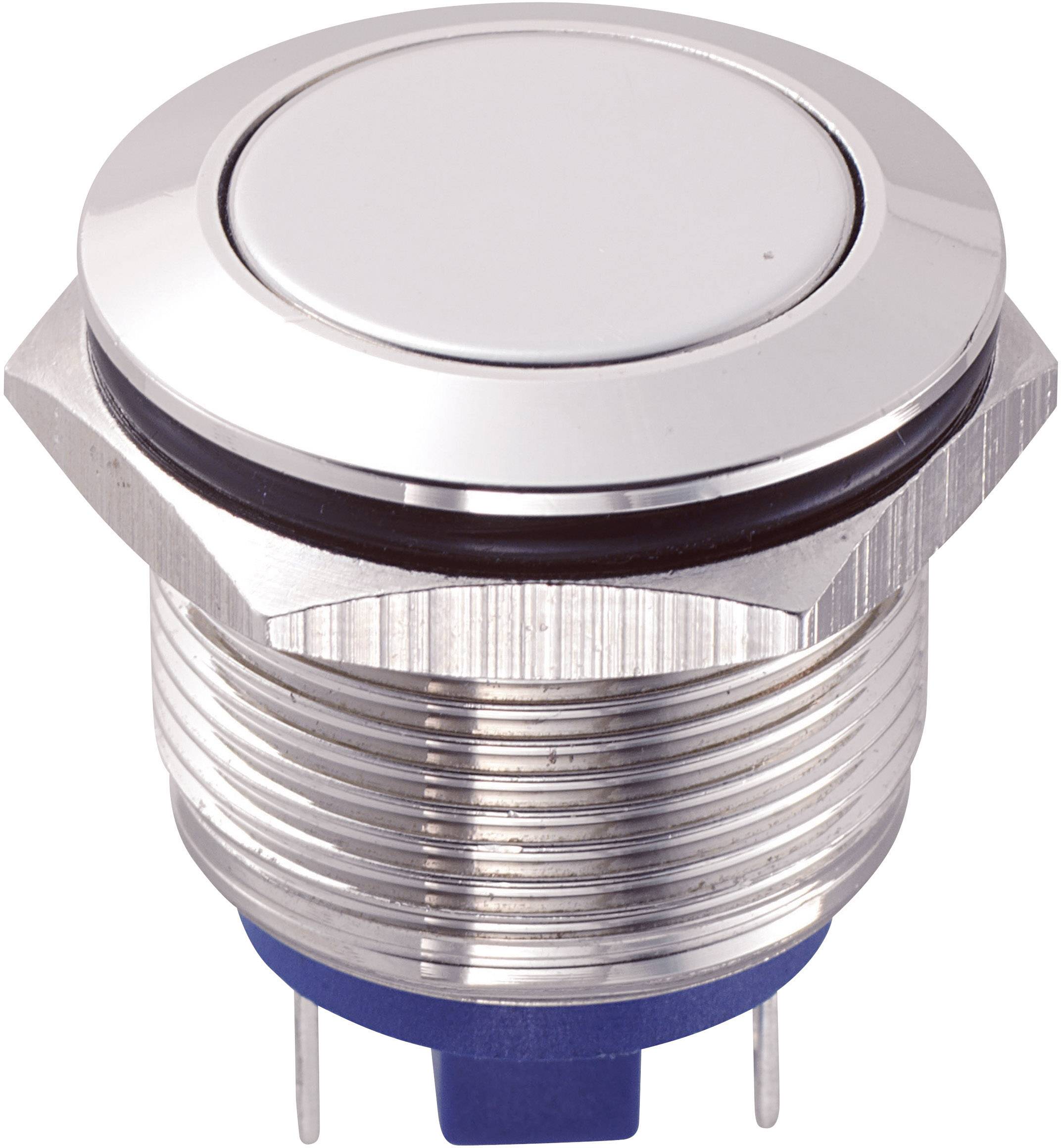 Bouton-poussoir métallique rond argenté avec socle bleu et trois broches de connexion.