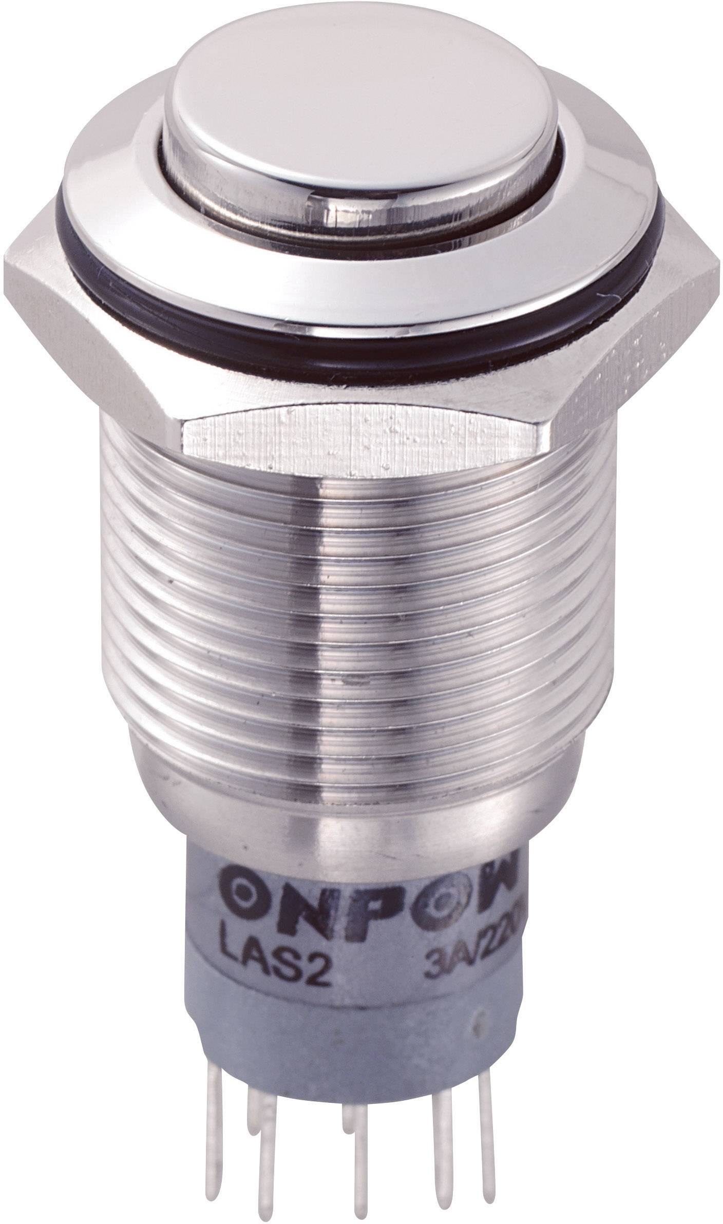 Un bouton-poussoir argenté, rond, portant l'inscription 'ONPOW LAS2 3A/220V', avec des broches de connexion pour le câblage en dessous.