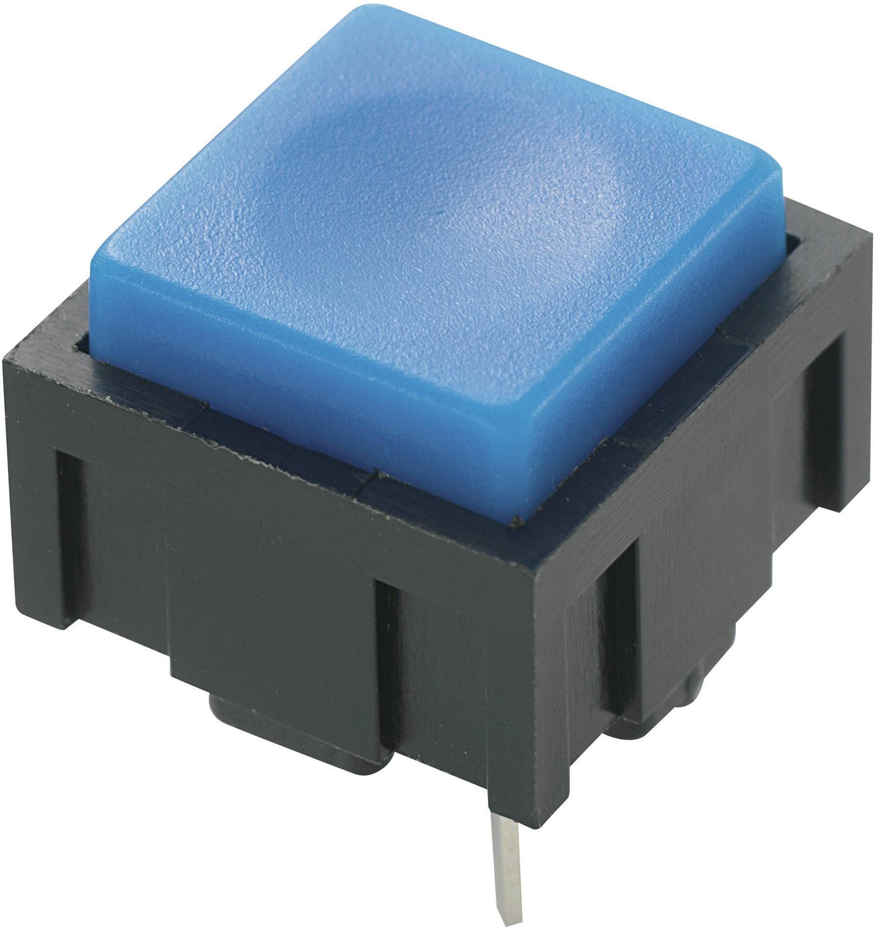 Un bouton poussoir carré bleu avec un boîtier noir et des broches de connexion argentées, typique des circuits électroniques.