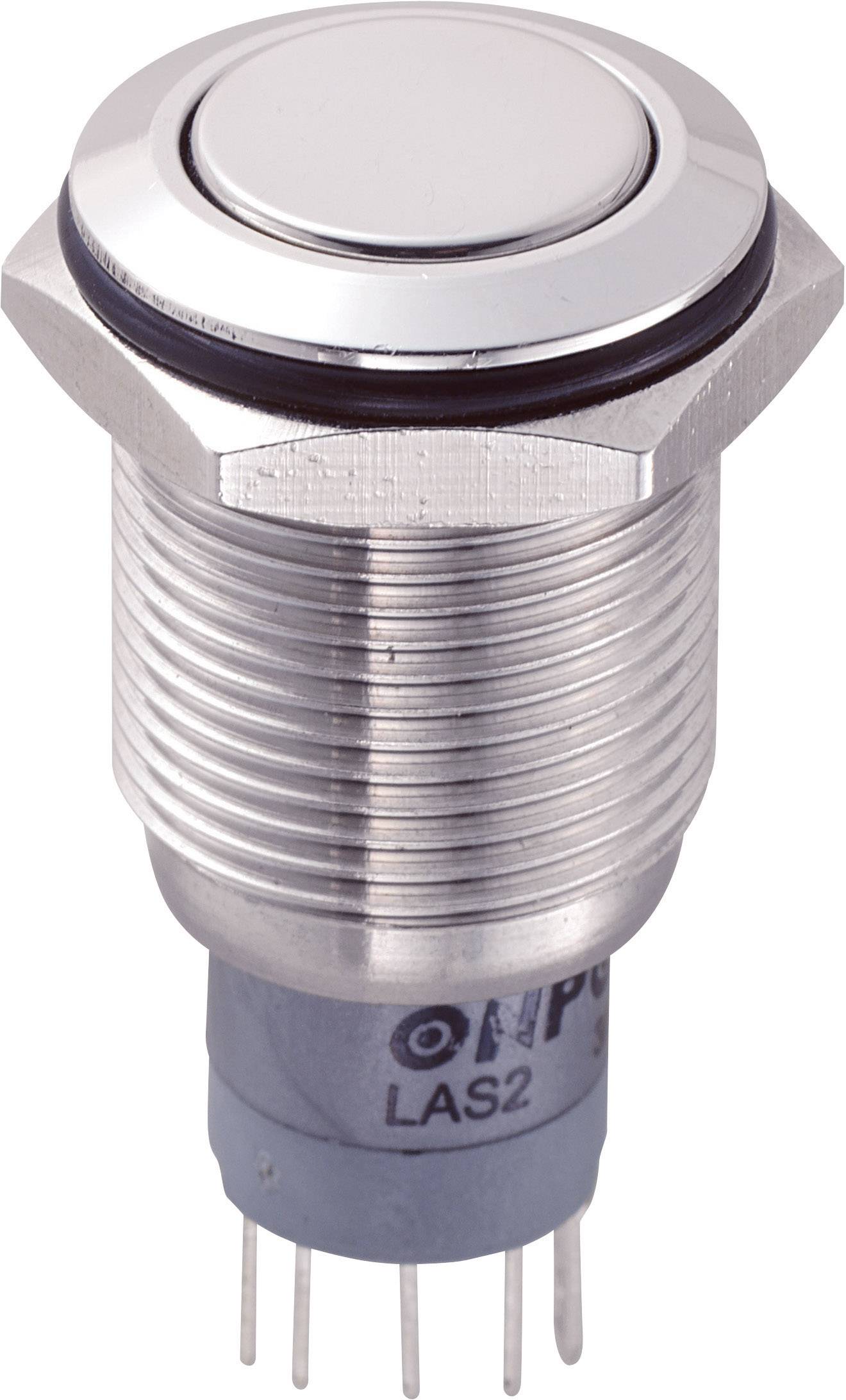 Interrupteur métallique avec surface de bouton ronde et brillante, et plusieurs broches de connexion à sa base. Adapté pour les appareils électroniques.