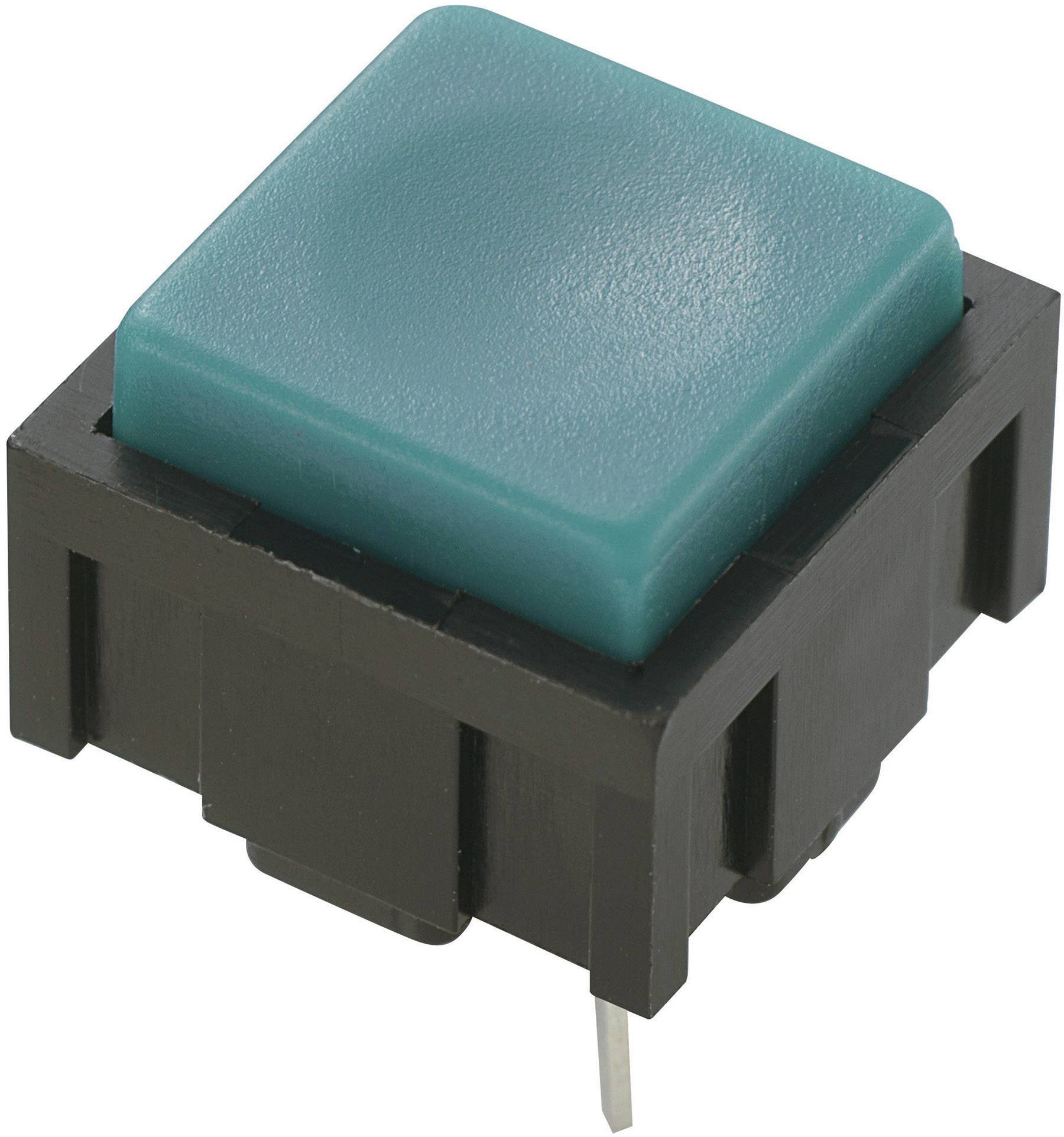 Bouton-poussoir carré avec touche bleu-vert et boîtier en plastique noir, adapté aux applications électroniques ou aux projets de bricolage.