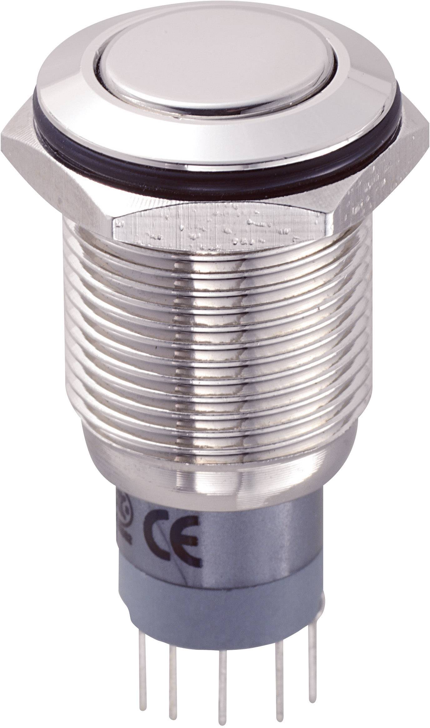 Bouton-poussoir dans un boîtier métallique avec bouton rond, manchon fileté et six broches de connexion.