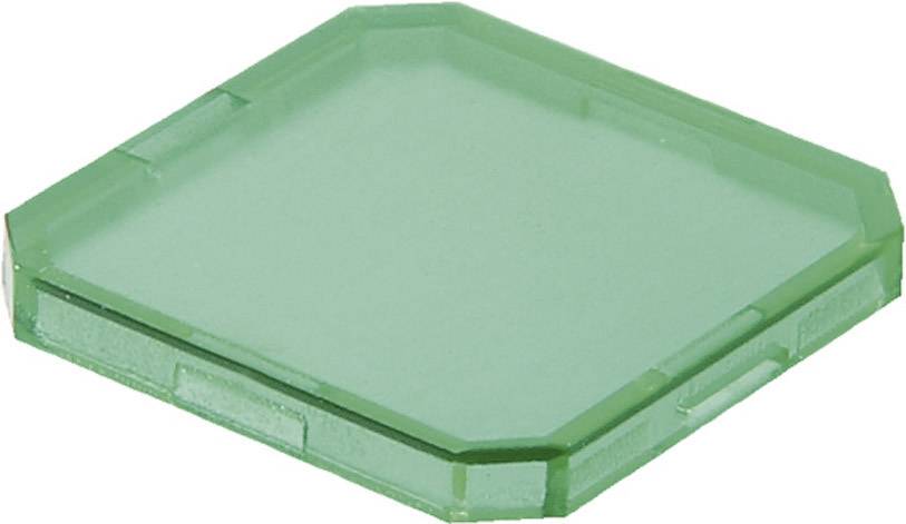 Puce en plastique vert, carrée, avec des coins légèrement arrondis, plate et transparente.