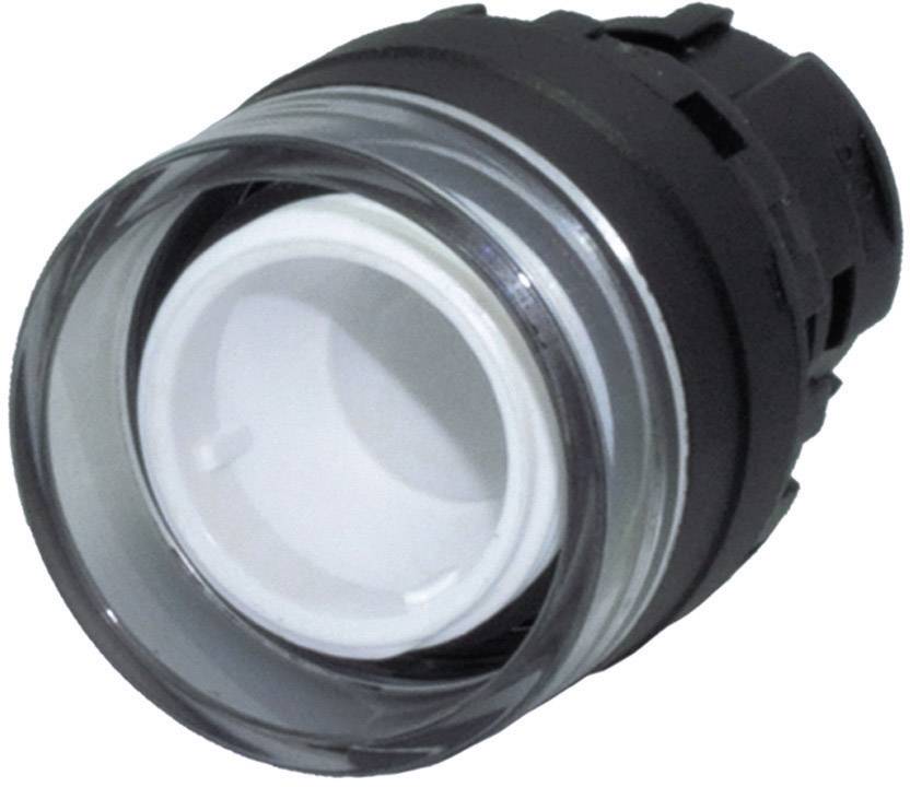 Gros plan d'un bouton-poussoir circulaire avec un bord noir et un centre blanc, adapté aux systèmes de commande électroniques.