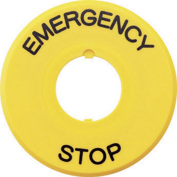 Bouton d'arrêt d'urgence jaune portant l'inscription 'EMERGENCY STOP', utilisé pour arrêter immédiatement des machines en cas de situation dangereuse.