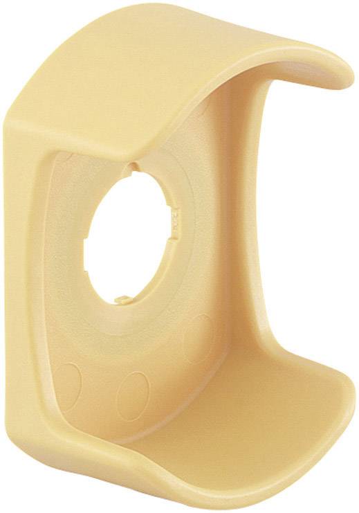 Support mural beige en plastique, de forme échancrée, avec une découpe circulaire centrale. Utilisable pour la fixation d'appareils ou d'accessoires.