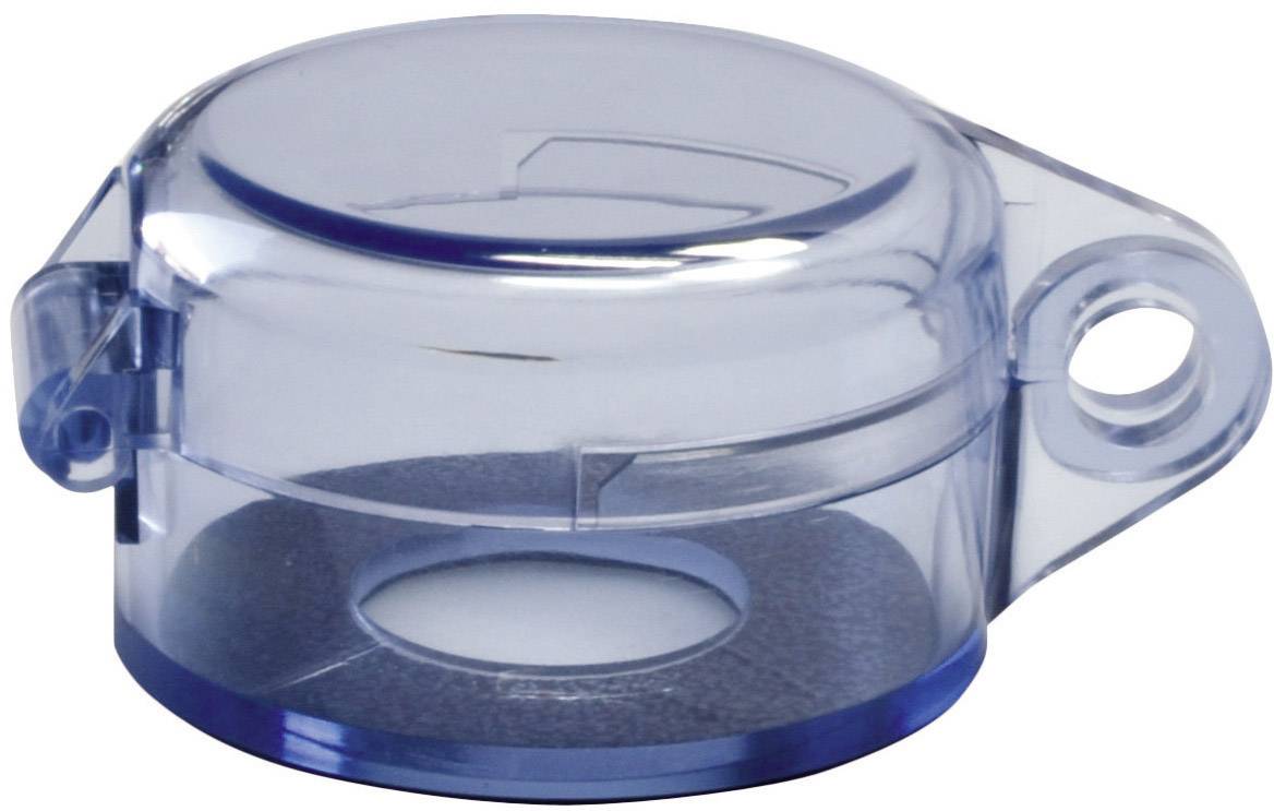 Couvercle en plastique transparent bleu avec encoche latérale et trou de fixation.