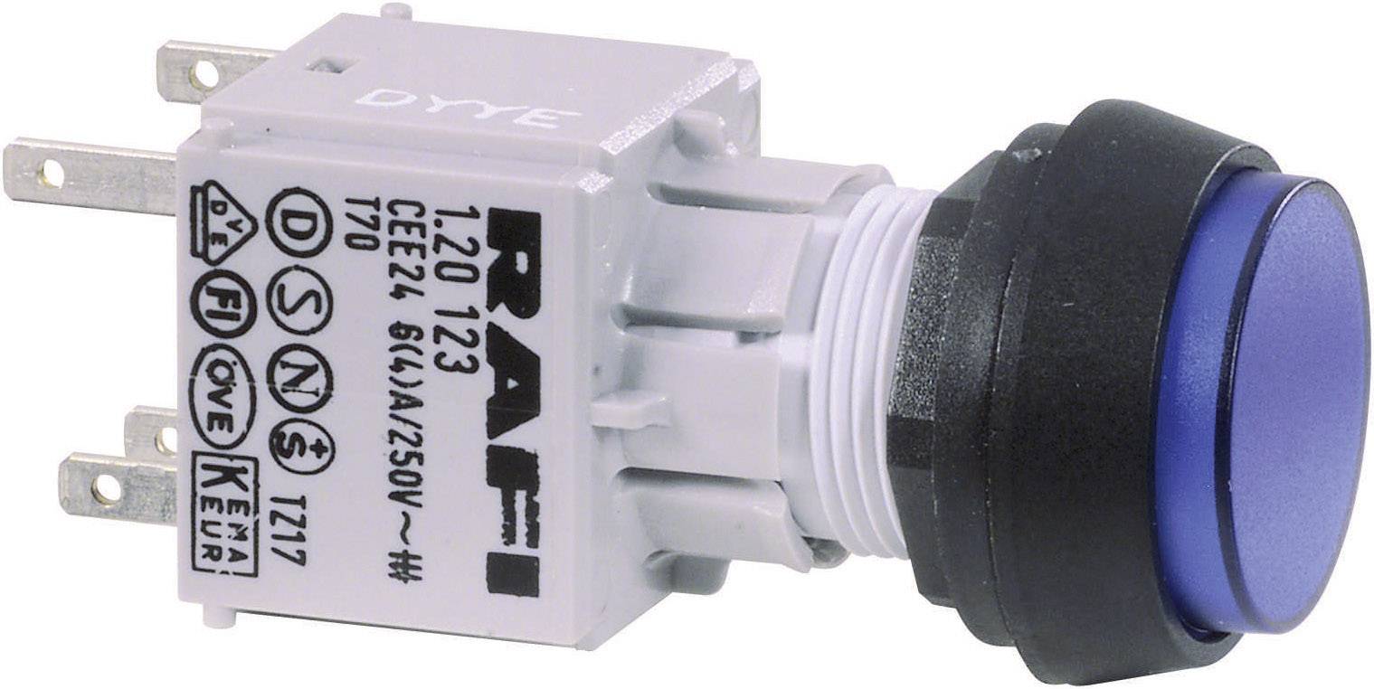 Bouton-poussoir rond bleu avec connecteurs métalliques sur un boîtier cylindrique blanc, portant une inscription et des spécifications électriques.