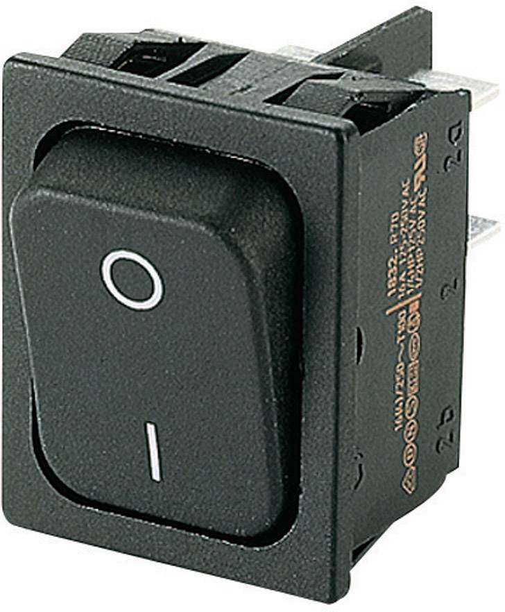 Interrupteur à bascule noir, rectangulaire, avec symboles 'I' et 'O', indiquant la fonction marche/arrêt. Adapté aux appareils électroniques.