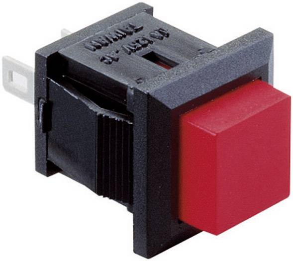 Un interrupteur à bascule rouge avec boîtier noir, adapté aux circuits électroniques, applications de table ou d'appareils.