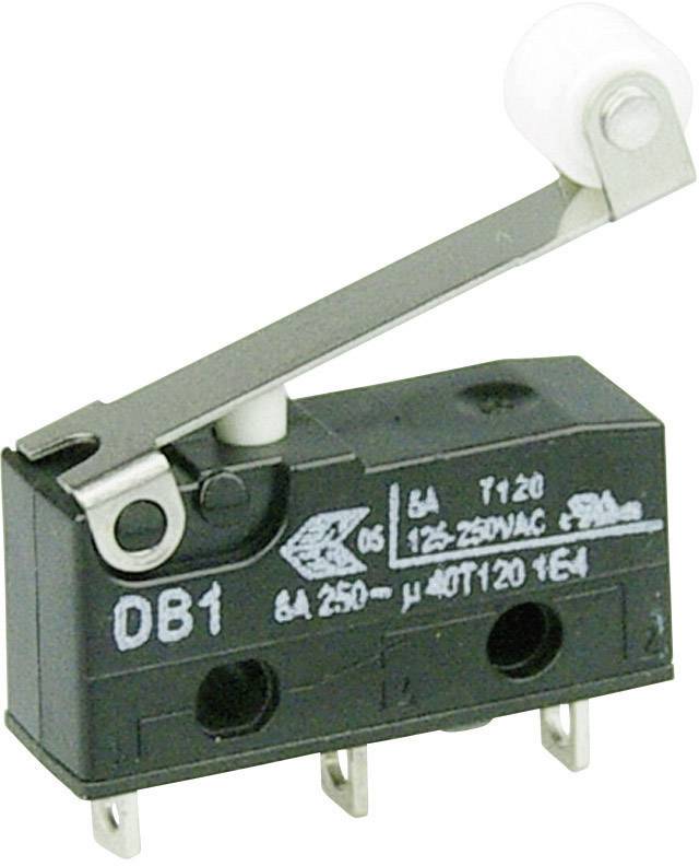 Petit micro-interrupteur noir avec levier et bras à rouleau blanc, adapté pour 6A et 250VAC.
