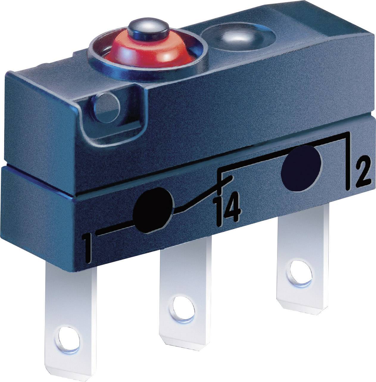 Un micro-interrupteur bleu avec un bouton rouge et trois broches métalliques, marquées des numéros 1, 14 et 2.