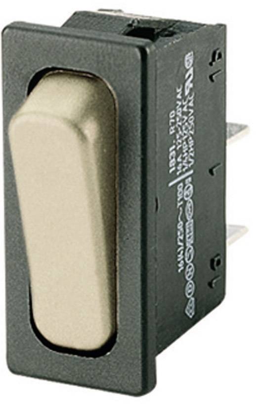 Un interrupteur à bascule rectangulaire en noir et beige, monté dans un boîtier, avec trois bornes à connexion rapide à l'arrière.
