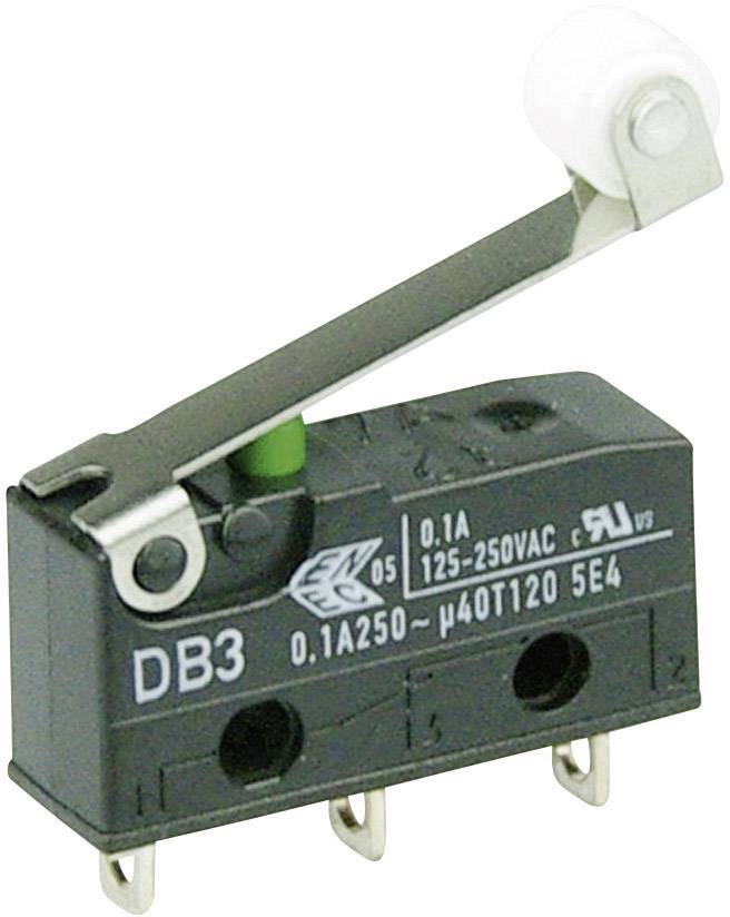Un microrupteur électrique avec un levier à galet, étiqueté 'DB3', adapté pour 0,1 A et 125-250 VAC. Comprend trois bornes de connexion.