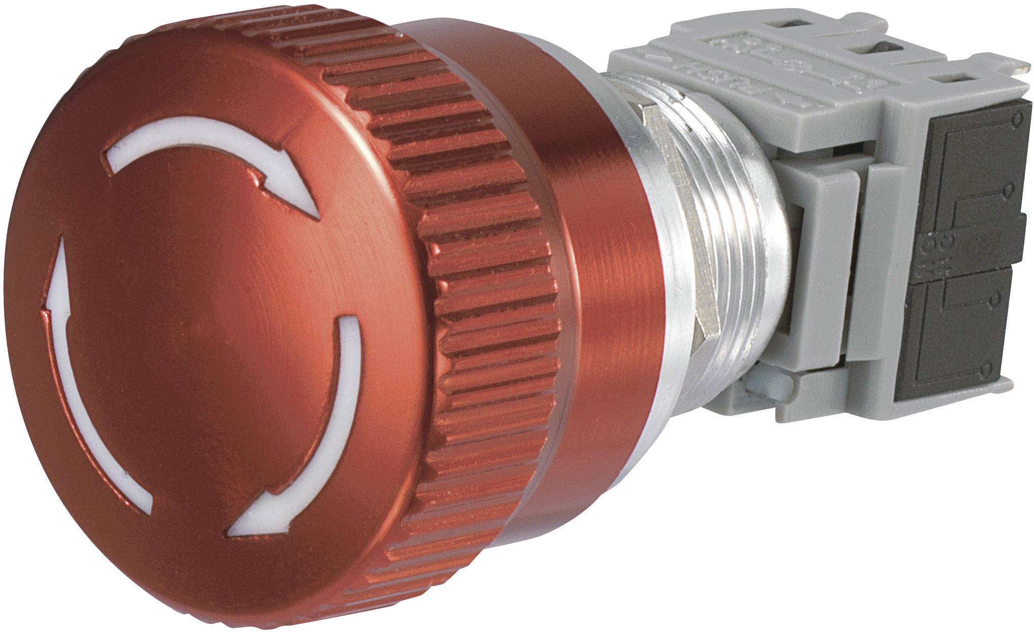 Bouton rotatif strié de couleur rouge avec des flèches blanches disposées en cercle, monté sur un module enfichable gris. Utilisé pour contrôler ou ajuster des paramètres.