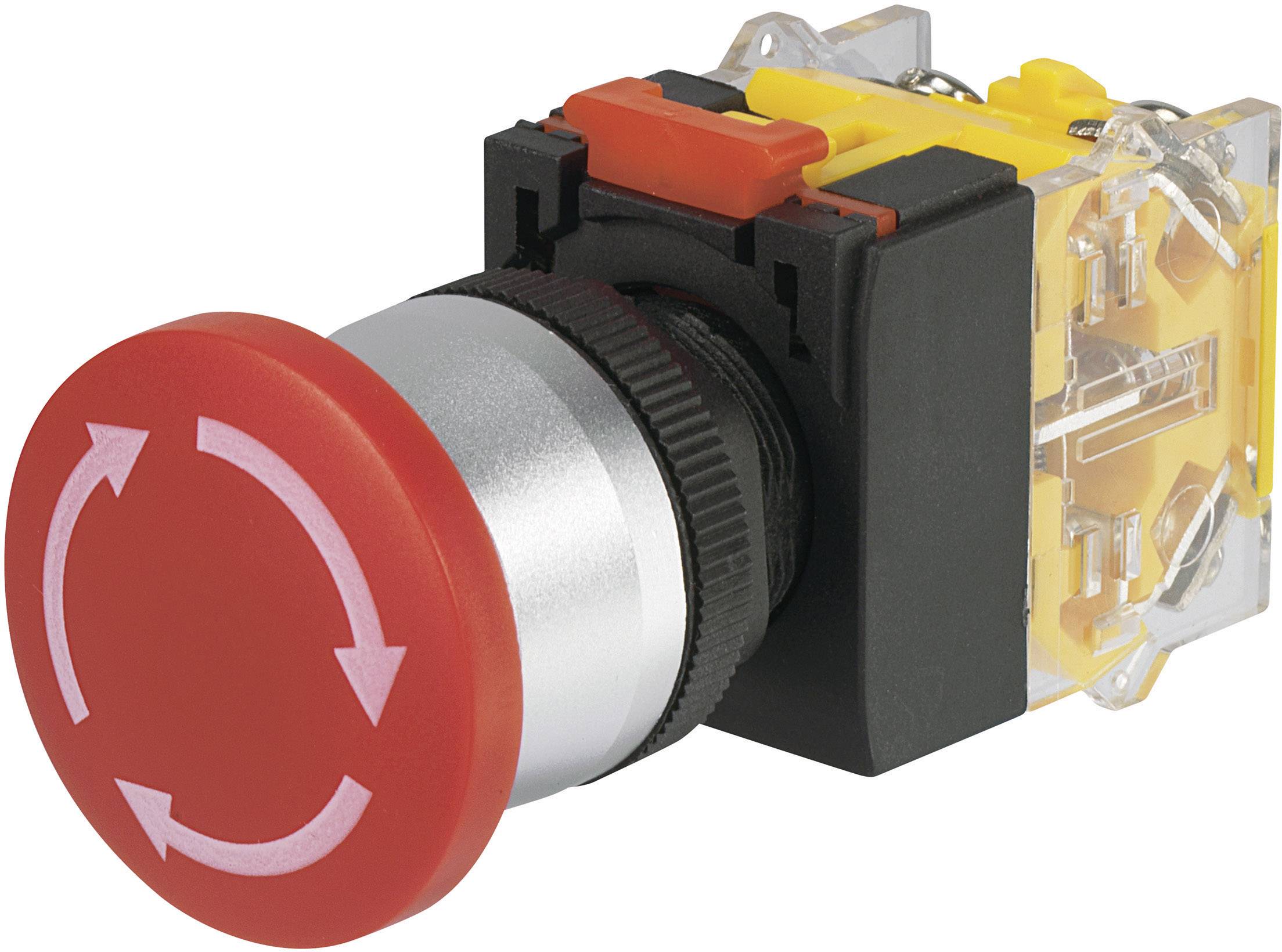 Bouton d'arrêt d'urgence rouge avec des flèches dans le sens des aiguilles d'une montre sur sa surface, utilisé pour l'arrêt de sécurité des machines.