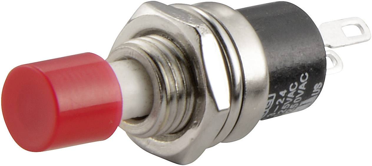 Un bouton-poussoir rouge en métal et plastique, destiné aux circuits électroniques.
