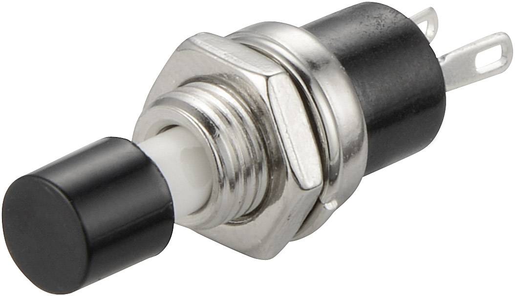 Bouton-poussoir à bouton noir, filetage argenté et deux bornes de connexion, adapté pour les circuits électroniques.