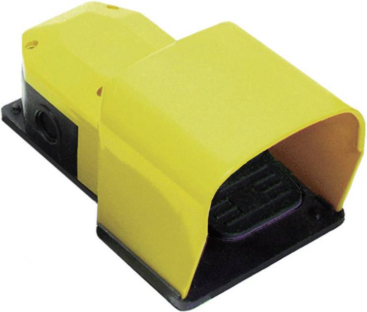 Interrupteur à pédale jaune avec couvercle de protection, principalement utilisé dans des applications industrielles pour commander les fonctions de machines par pression du pied.