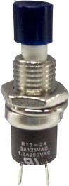 Un bouton-poussoir métallique avec bouton bleu, adapté pour 3A à 125VAC et 1,5A à 250VAC. Deux broches de connexion sont visibles sur la face inférieure.