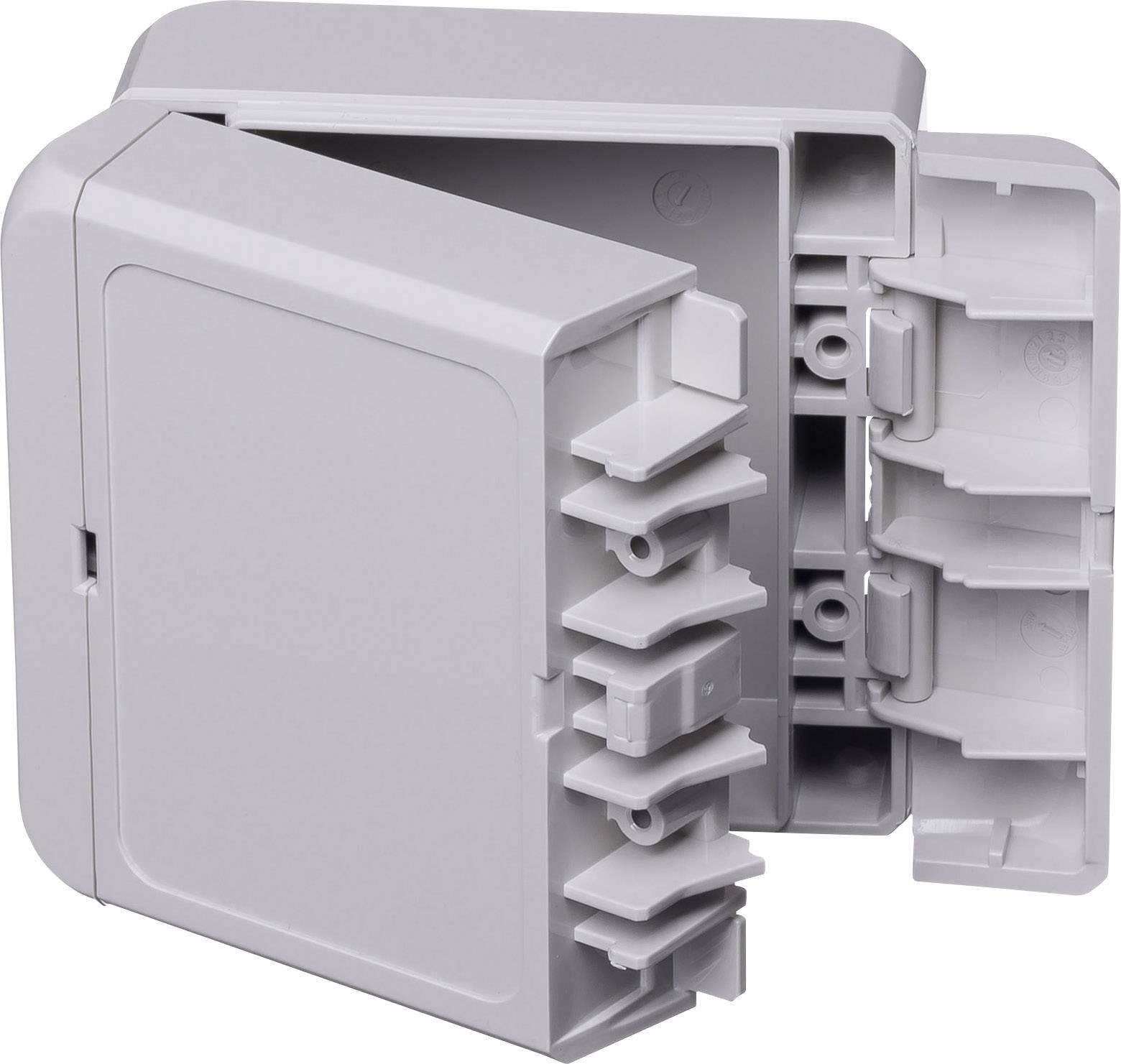 Boîtier rectangulaire gris en plastique avec couvercle ouvert, montrant sa structure interne et ses possibilités de fixation, adapté aux installations électriques.