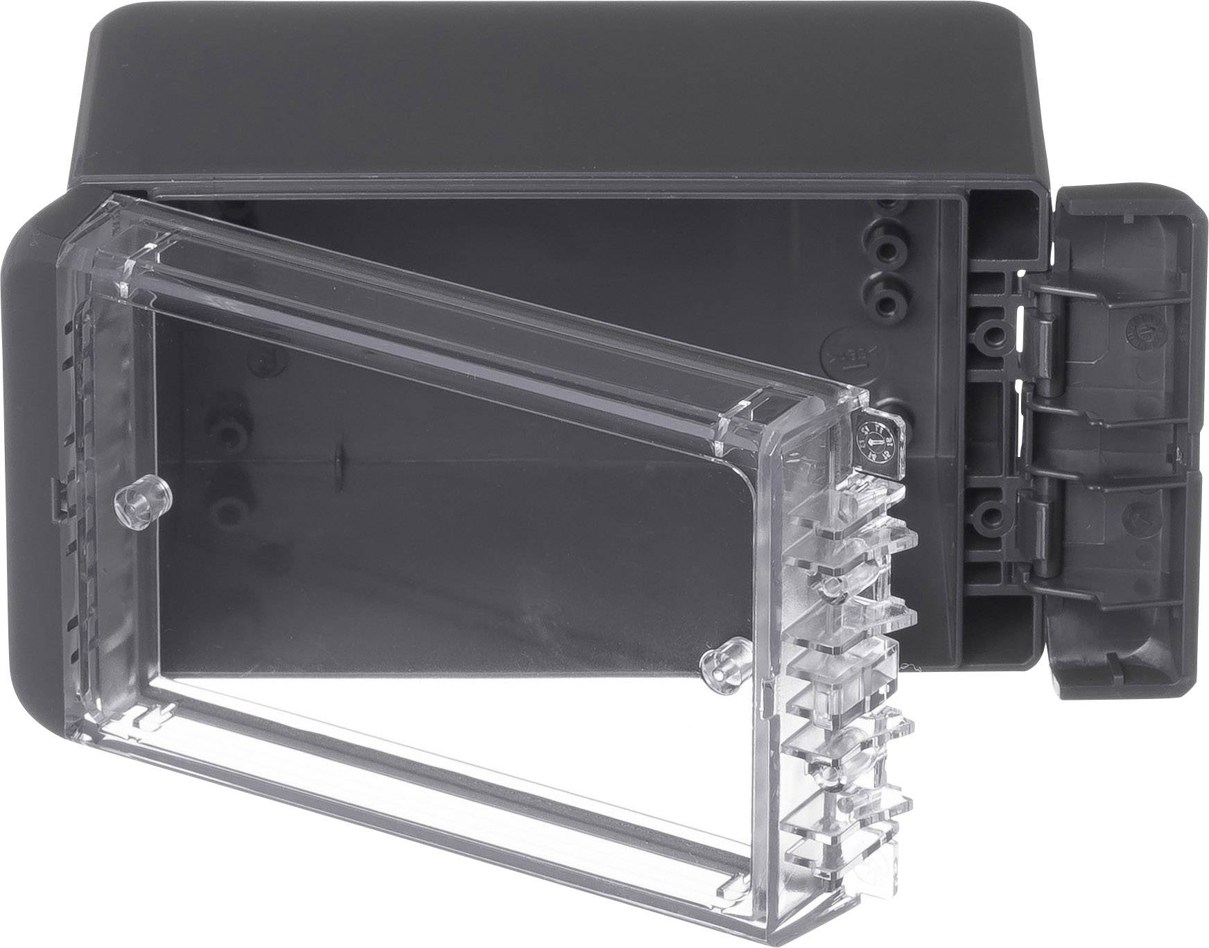 Couvercle de boîtier rectangulaire noir avec un panneau frontal transparent rabattable qui offre une protection et un accès.
