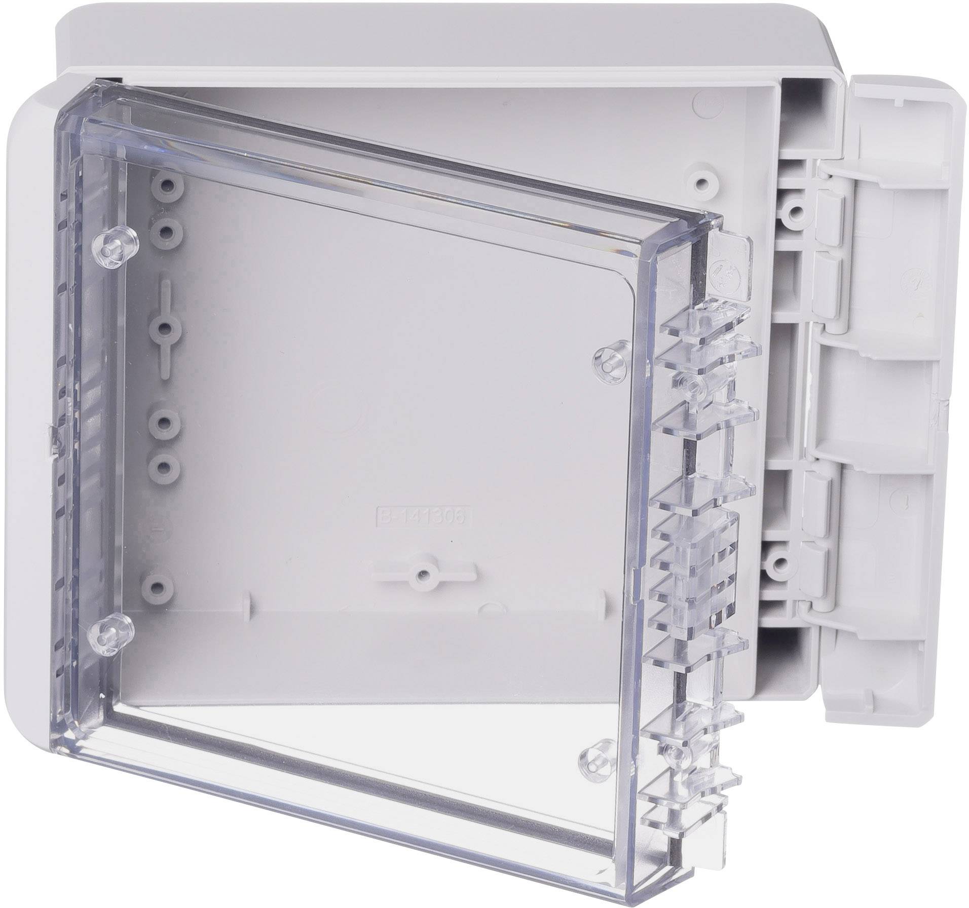 Boîtier avec couvercle avant transparent, ouvert. Des trous de vis et des points de fixation sont visibles à l'intérieur.