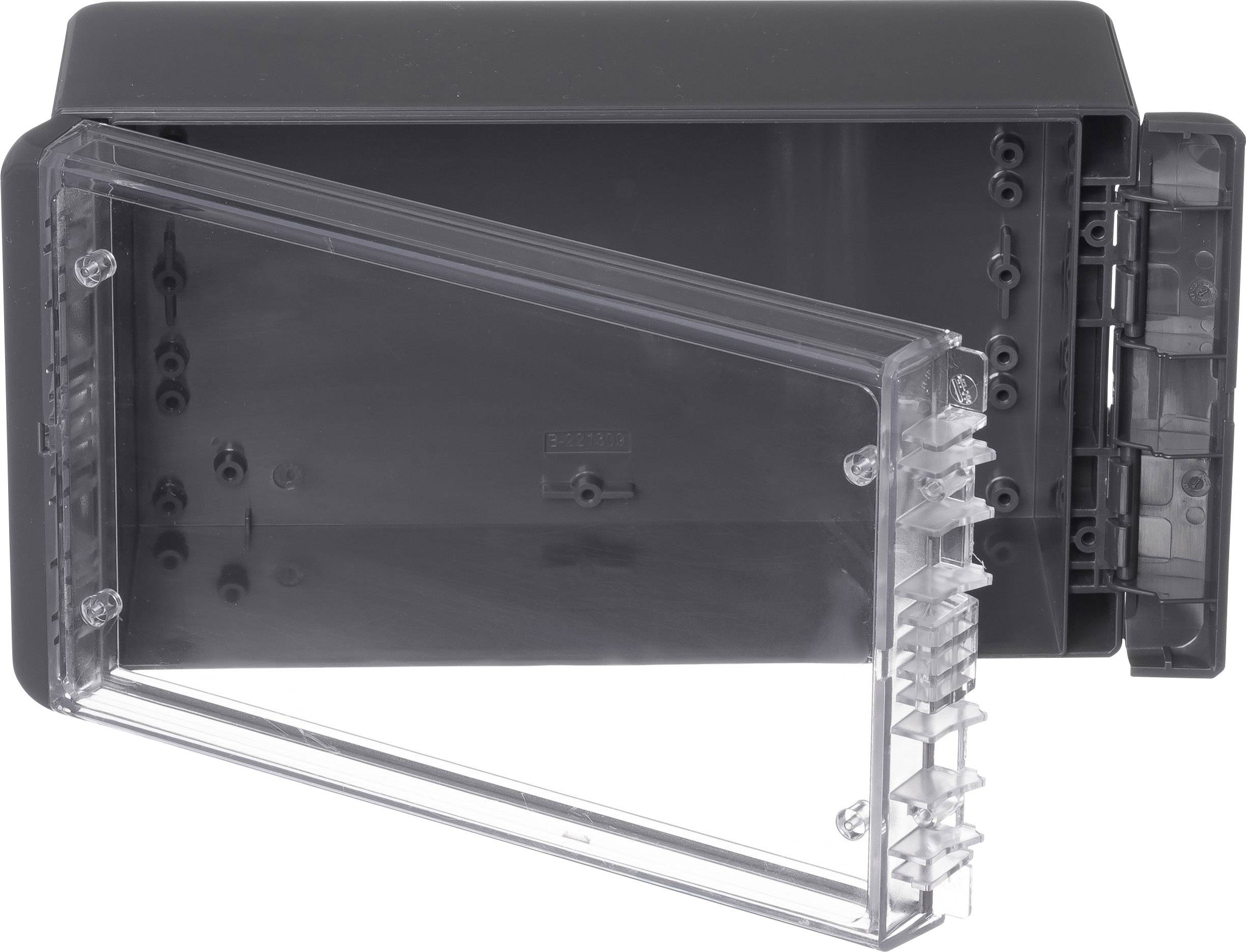 Boîtier en plastique noir avec couvercle transparent, ouvert. Adapté pour les composants électroniques ou les boîtes de raccordement.