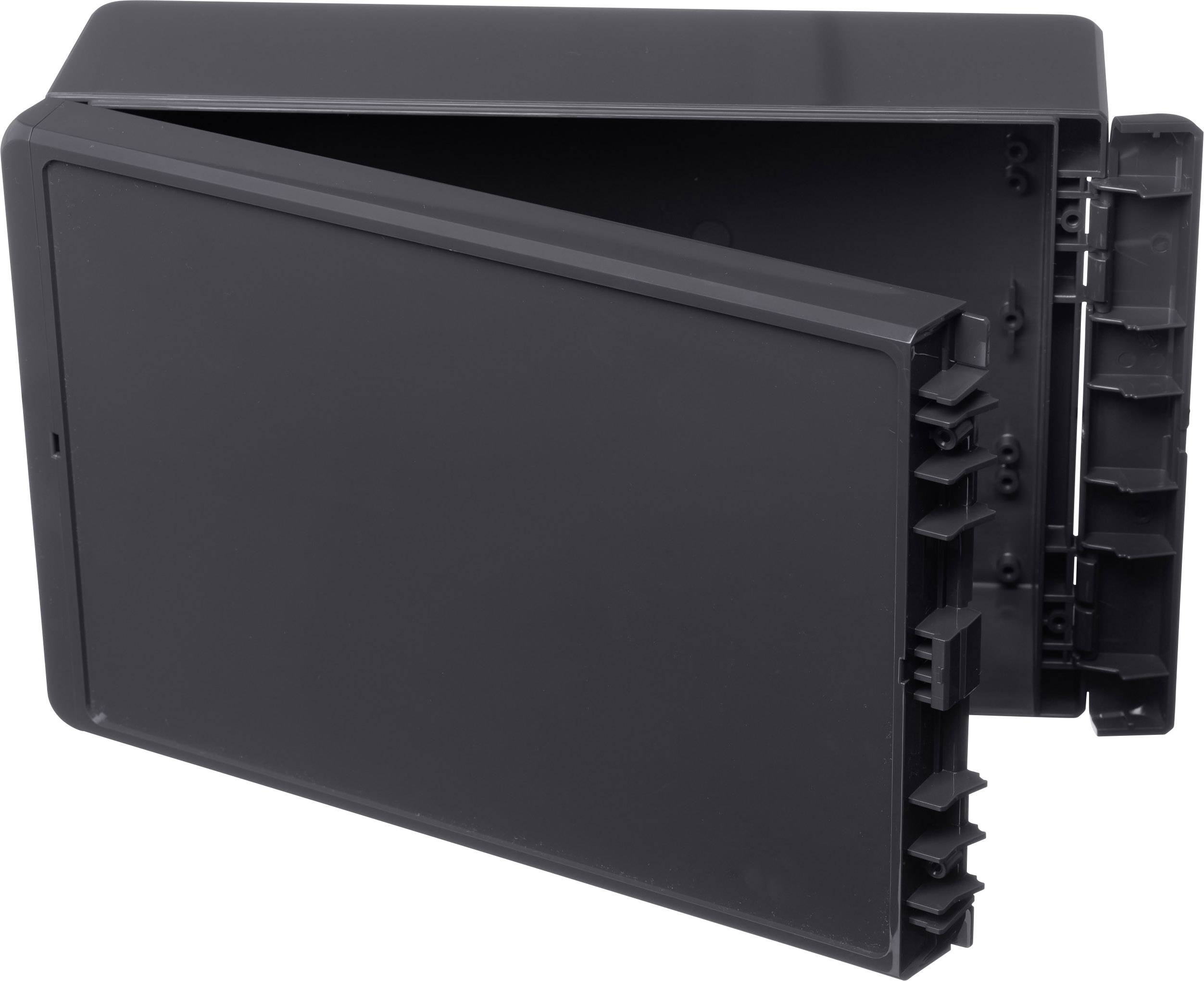Un boîtier noir rectangulaire, ouvert, révélant ses supports et clips internes. Utilisé pour les composants électroniques.