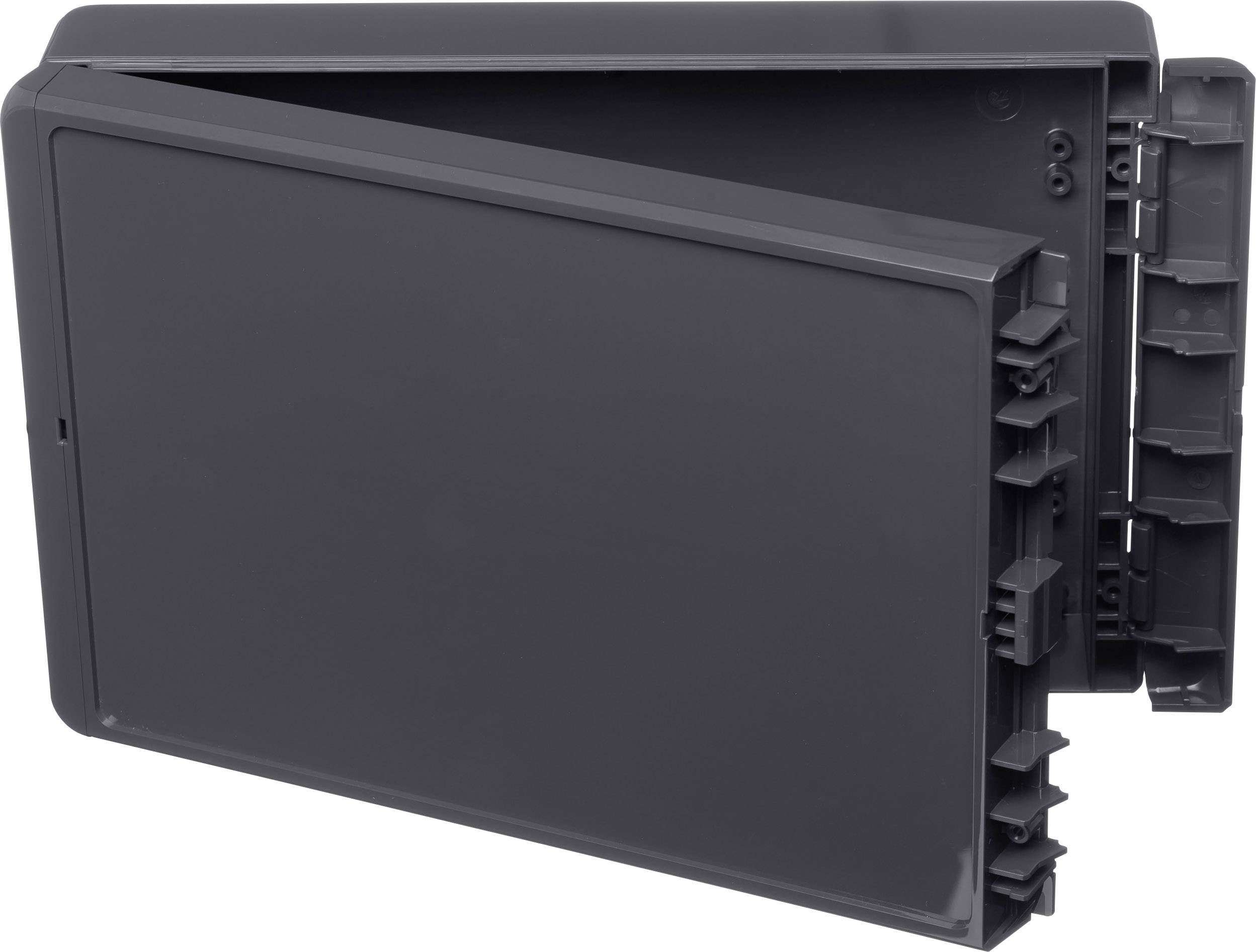 Un boîtier en plastique noir rectangulaire avec un couvercle amovible, ouvert, révélant ses charnières et ses supports internes.