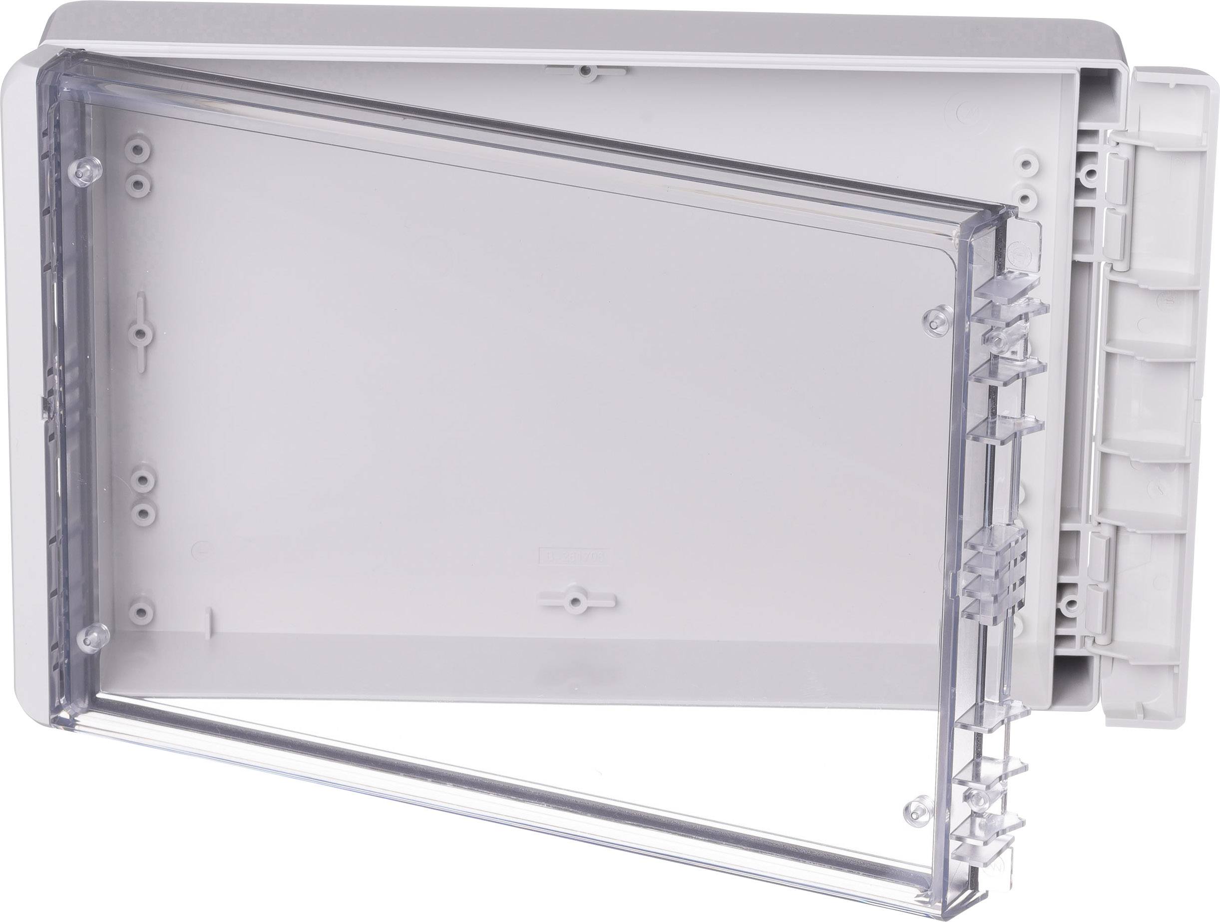 Boîtier avec couvercle avant amovible et transparent, ouvert, montrant les charnières et les possibilités de montage à l'intérieur.