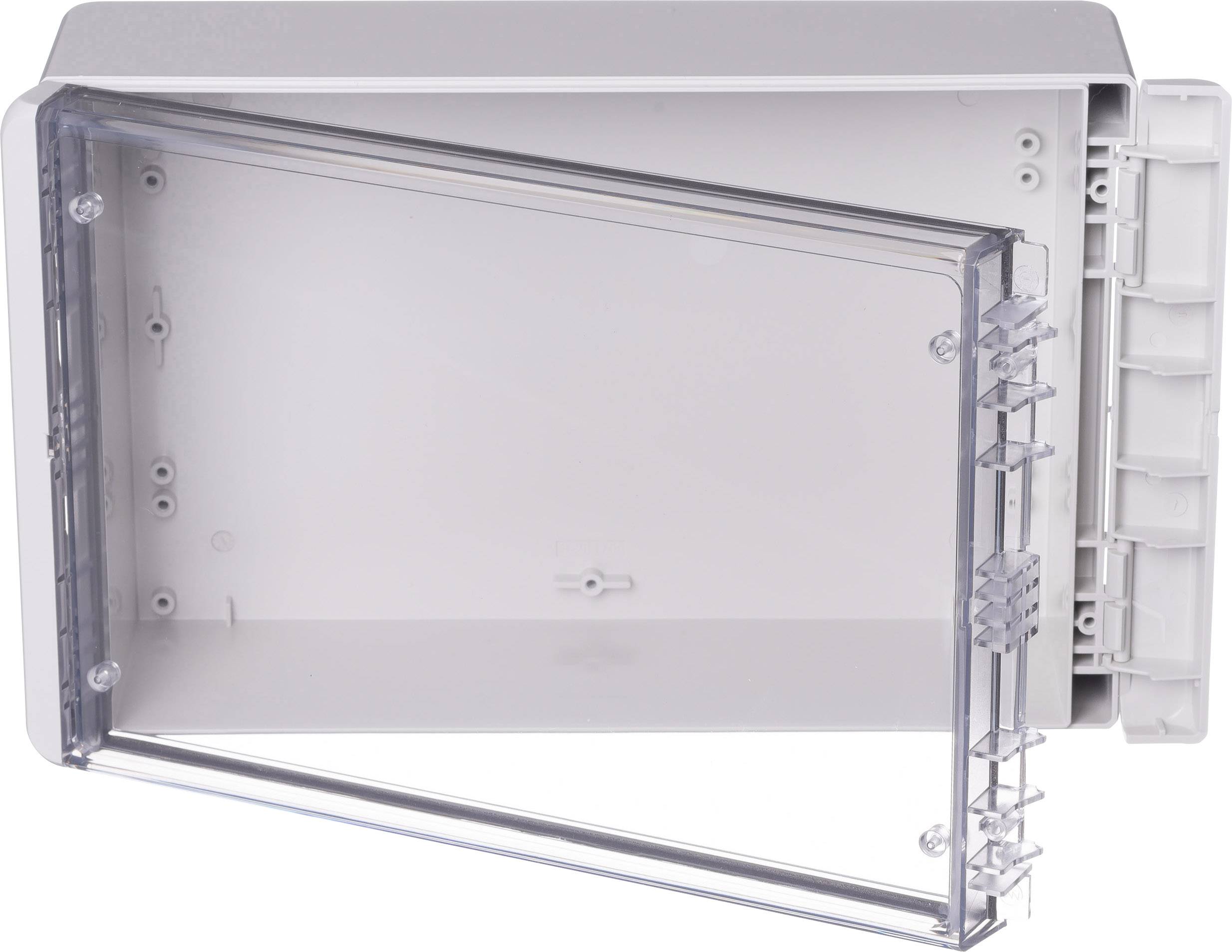 Armoire électrique grise ouverte avec un couvercle transparent révélant sa structure interne. Adaptée pour les installations électriques.