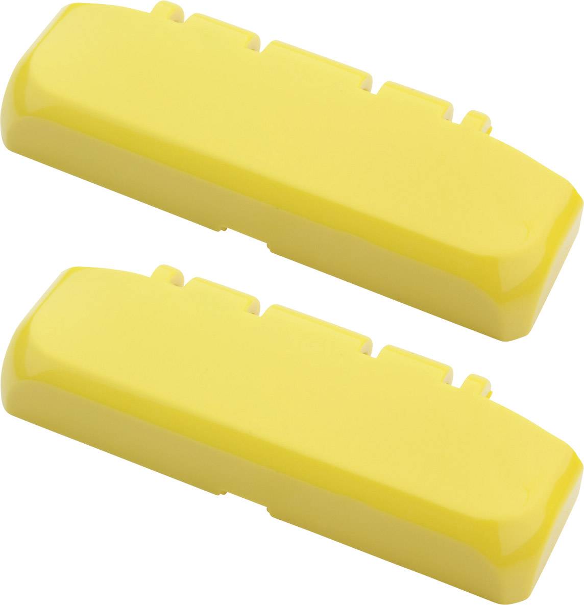 Deux couvercles en plastique jaunes aux bords arrondis, avec des découpes sur la surface supérieure, disposés côte à côte.