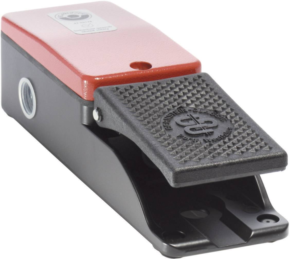 Une pédale rouge et noire avec une surface antidérapante et un logo industriel. Elle est fréquemment utilisée dans les commandes de machines.