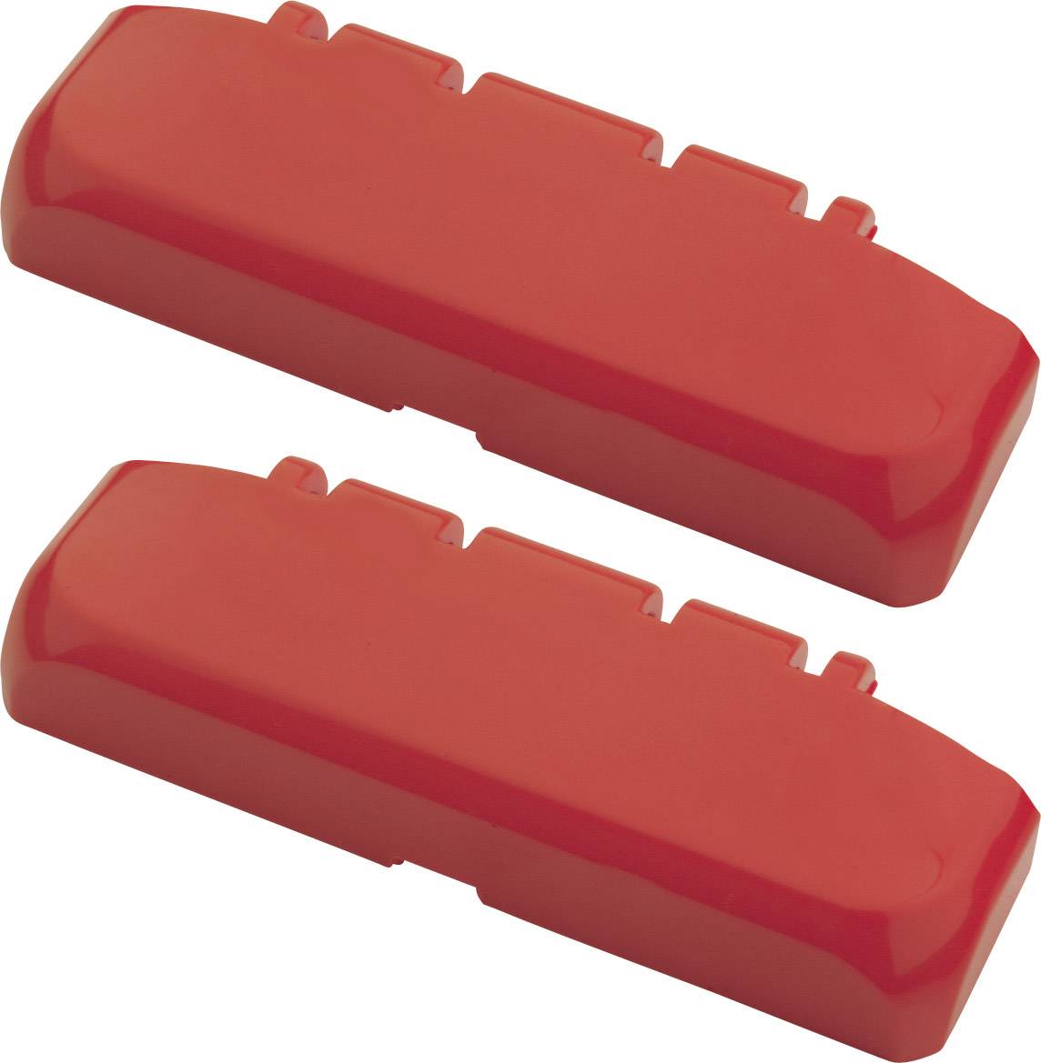 Deux couvercles en plastique rouge, rectangulaires avec des coins légèrement arrondis et de petites protubérances sur la surface supérieure.