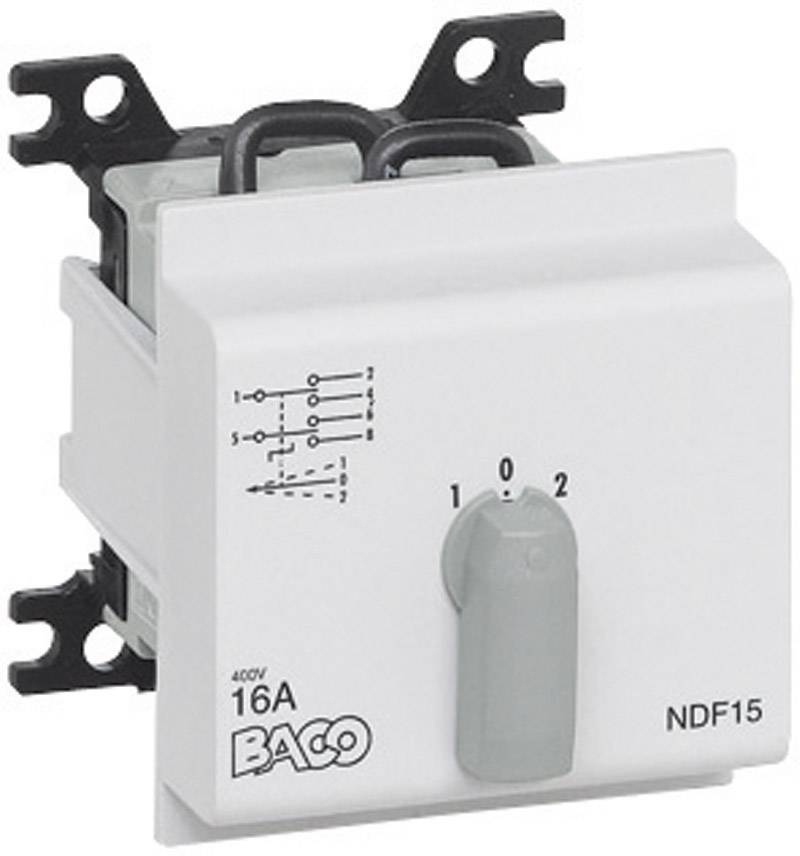 Un interrupteur rotatif gris avec les marquages '0', '1', '2' et un schéma de commutation. Adapté pour 16A, 400V, modèle NDF15 de BACO.