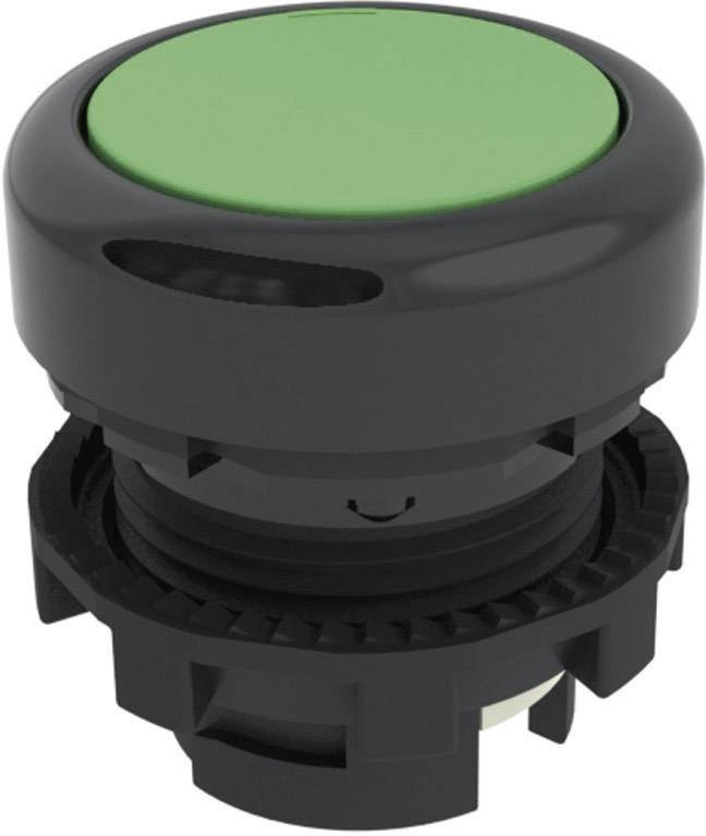 Un bouton-poussoir rond vert dans un boîtier noir, probablement destiné à des applications industrielles ou techniques.